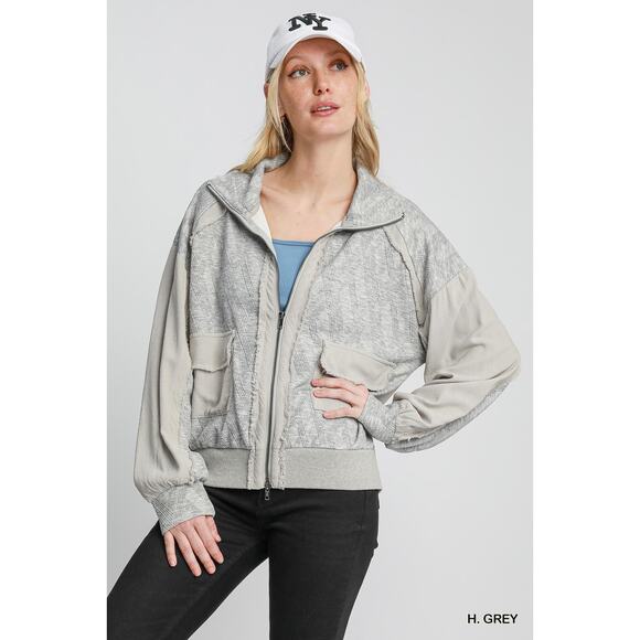 Umgee Two-Way Zip-Up Long Sleeves Front Pockets Loose Jacquard Jacket | H. Grey - Picture 4 of 7